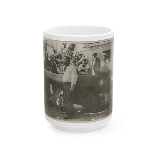 Boatswain Piping In Front Of Large Cannon On Deck Of U.S. Naval Warship; Other Sailors Standing In Background (U.S. Civil War) White Coffee Mug-15oz-Go Mug Yourself