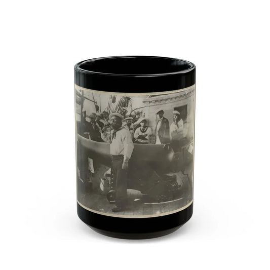 Boatswain Piping In Front Of Large Cannon On Deck Of U.S. Naval Warship; Other Sailors Standing In Background (U.S. Civil War) Black Coffee Mug 15oz - Go Mug Yourself