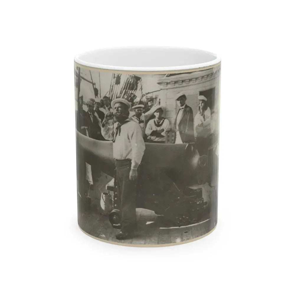 Boatswain Piping In Front Of Large Cannon On Deck Of U.S. Naval Warship; Other Sailors Standing In Background (U.S. Civil War) White Coffee Mug 11oz - Go Mug Yourself