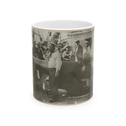 Boatswain Piping In Front Of Large Cannon On Deck Of U.S. Naval Warship; Other Sailors Standing In Background (U.S. Civil War) White Coffee Mug 11oz - Go Mug Yourself