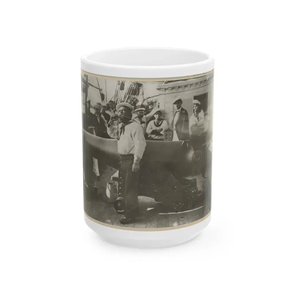Boatswain Piping In Front Of Large Cannon On Deck Of U.S. Naval Warship; Other Sailors Standing In Background (U.S. Civil War) White Coffee Mug 15oz - Go Mug Yourself