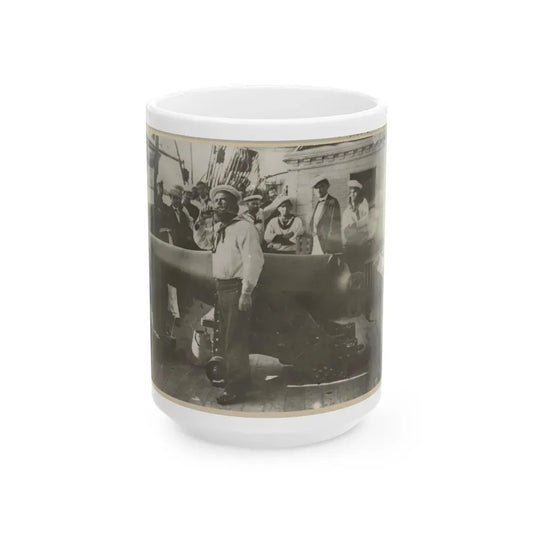 Boatswain Piping In Front Of Large Cannon On Deck Of U.S. Naval Warship; Other Sailors Standing In Background (U.S. Civil War) White Coffee Mug 15oz - Go Mug Yourself