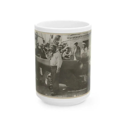 Boatswain Piping In Front Of Large Cannon On Deck Of U.S. Naval Warship; Other Sailors Standing In Background (U.S. Civil War) White Coffee Mug 15oz - Go Mug Yourself