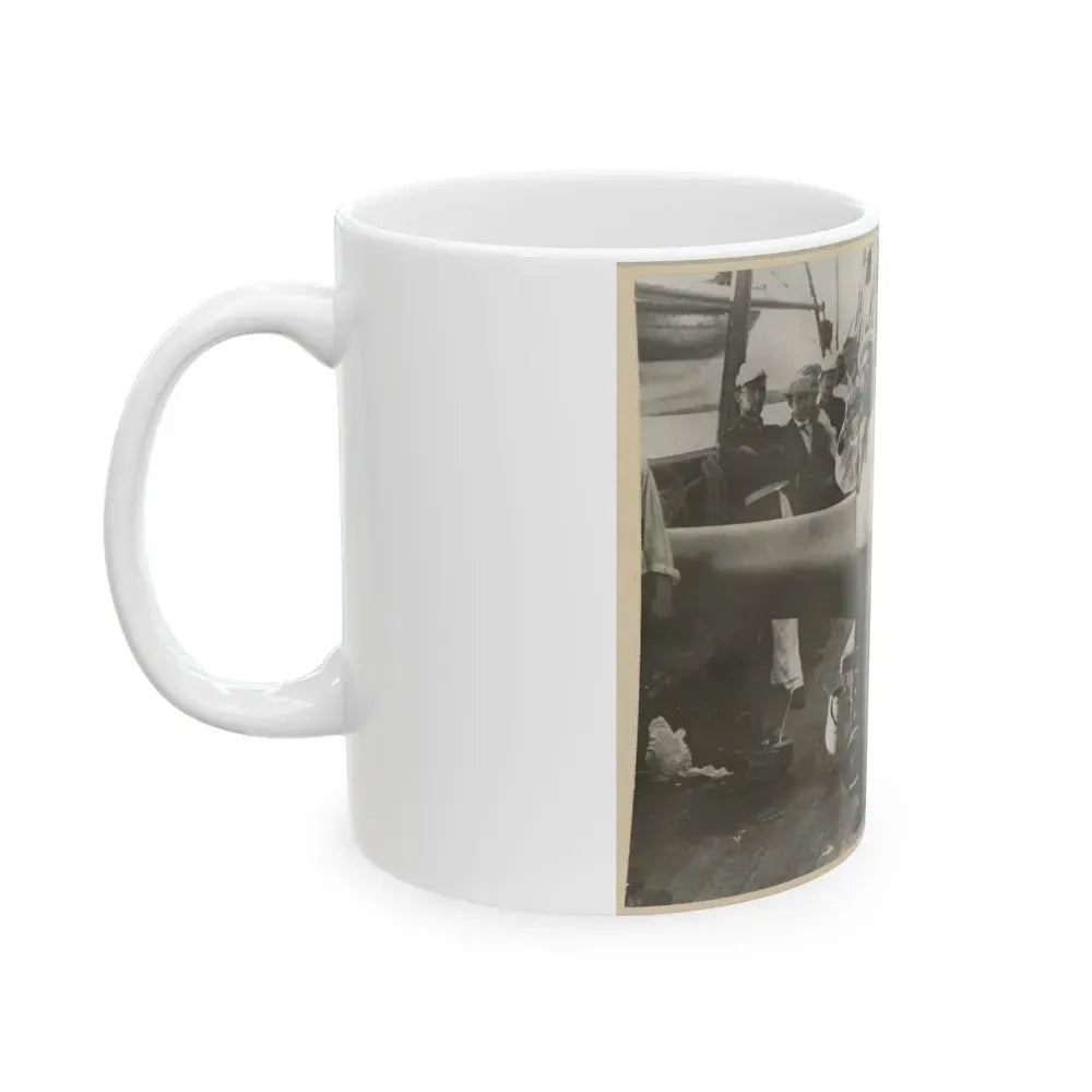 Boatswain Piping In Front Of Large Cannon On Deck Of U.S. Naval Warship; Other Sailors Standing In Background (U.S. Civil War) White Coffee Mug - Go Mug Yourself