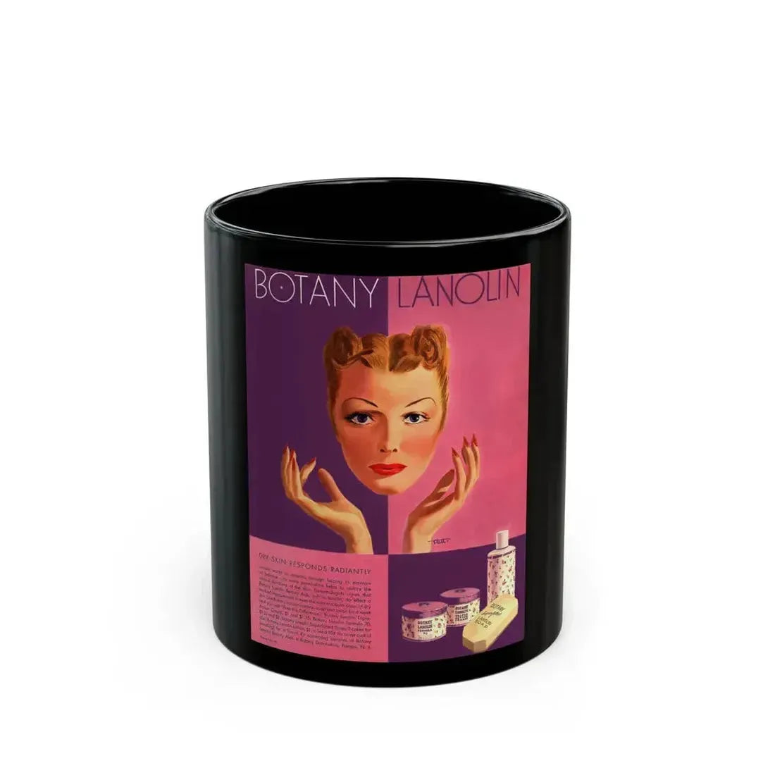 Botany Lanolin advertisement, 1943 - Black Coffee Mug 11oz - Go Mug Yourself