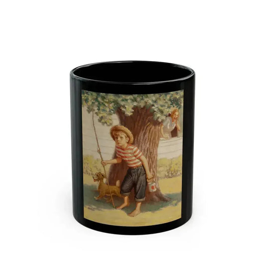 Boy and Dog Try to Sneak Away to Fish - Black Coffee Mug 11oz - Go Mug Yourself