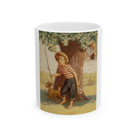 Boy and Dog Try to Sneak Away to Fish - White Coffee Mug 11oz - Go Mug Yourself