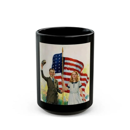 Boy and Girl with American Flag - Black Coffee Mug 15oz - Go Mug Yourself