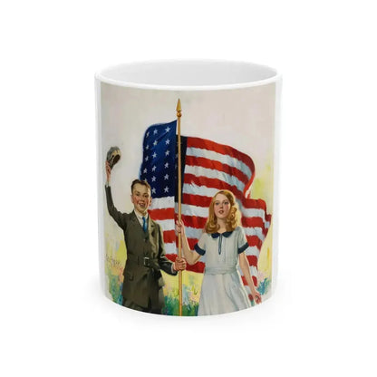 Boy and Girl with American Flag - White Coffee Mug 11oz - Go Mug Yourself