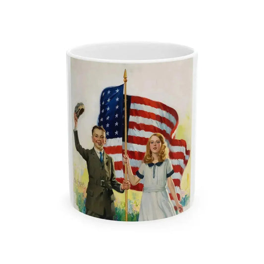 Boy and Girl with American Flag - White Coffee Mug 11oz - Go Mug Yourself
