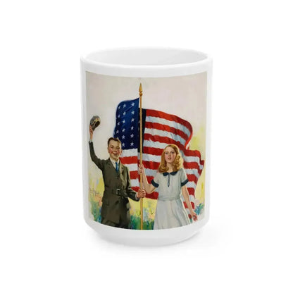 Boy and Girl with American Flag - White Coffee Mug 15oz - Go Mug Yourself