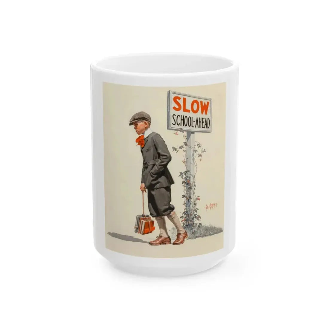 Boy Trudging to School, The Saturday Evening Post cover, September 5, 1925 - White Coffee Mug 15oz - Go Mug Yourself