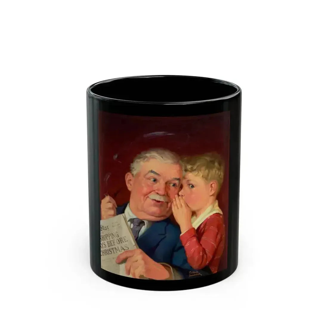 Boy Whispering into Grandfather's Ear, Capper's Farmer magazine cover, December 1939 - Black Coffee Mug 11oz - Go Mug Yourself
