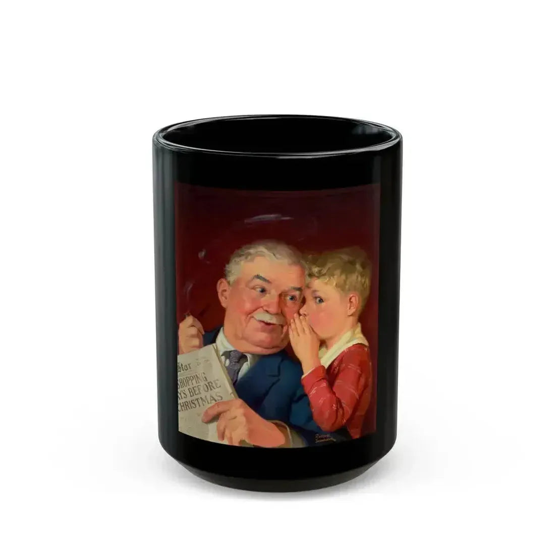 Boy Whispering into Grandfather's Ear, Capper's Farmer magazine cover, December 1939 - Black Coffee Mug 15oz - Go Mug Yourself