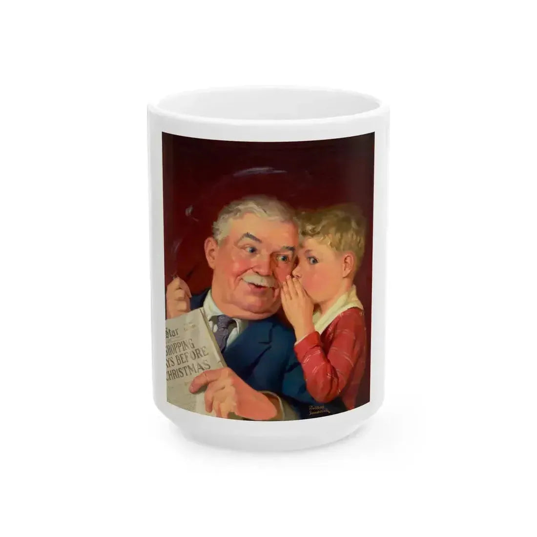 Boy Whispering into Grandfather's Ear, Capper's Farmer magazine cover, December 1939 - White Coffee Mug 15oz - Go Mug Yourself