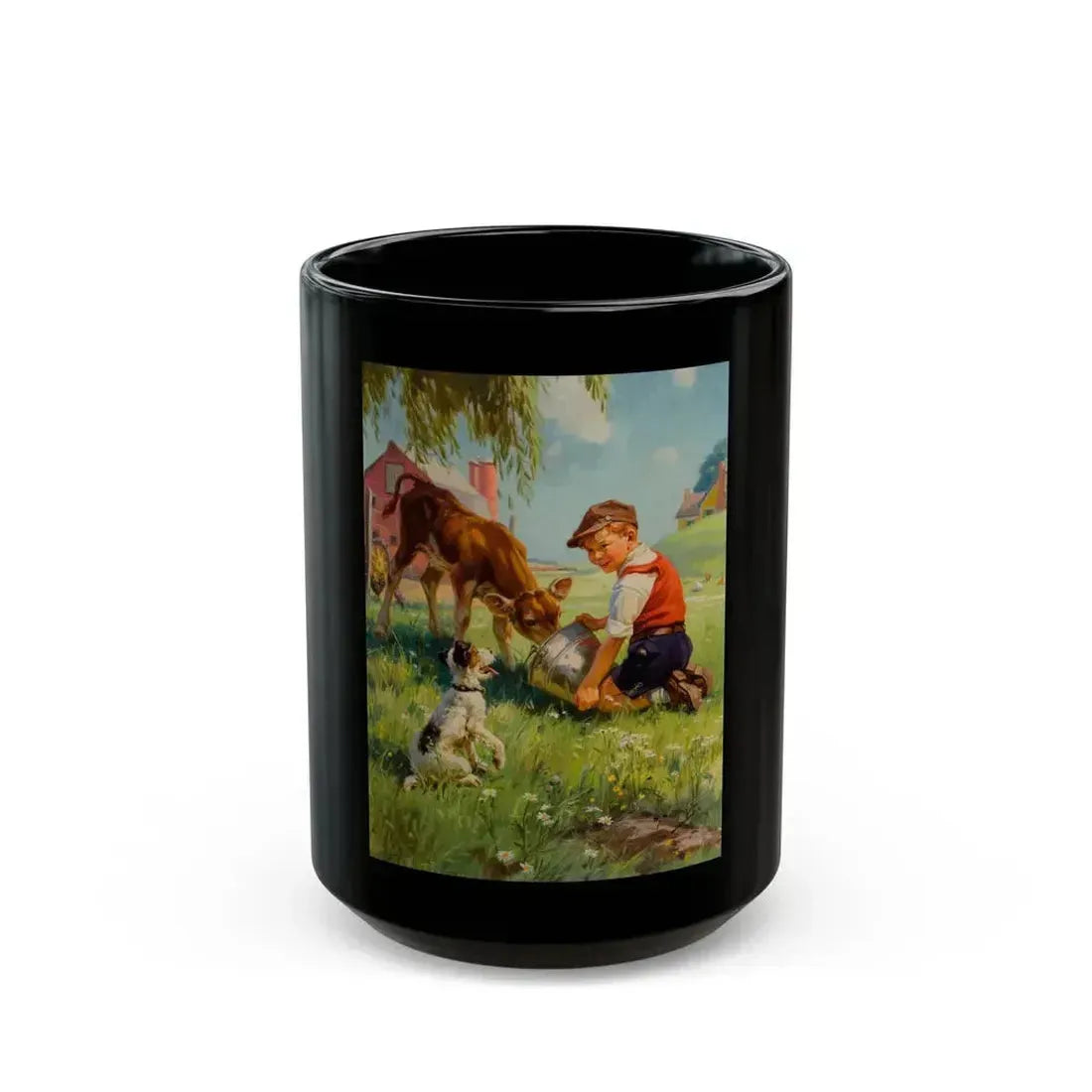 Boy with Calf and Dog - Black Coffee Mug 15oz - Go Mug Yourself