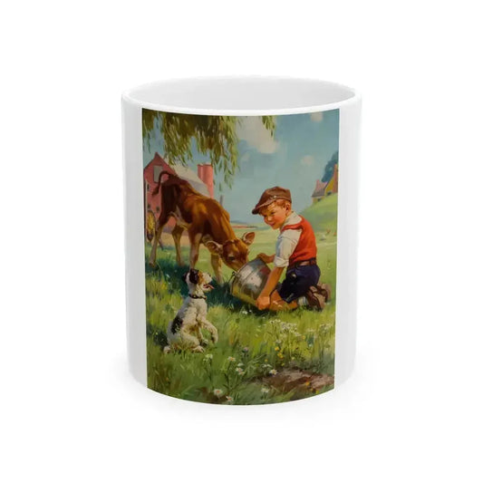 Boy with Calf and Dog - White Coffee Mug 11oz - Go Mug Yourself