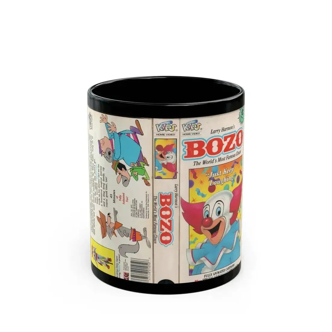 BOZO THE CLOWN ANIMATED CARTOONS JUST KEEP LAUGHING (VHS COVER) - Black Coffee Mug 11oz - Go Mug Yourself