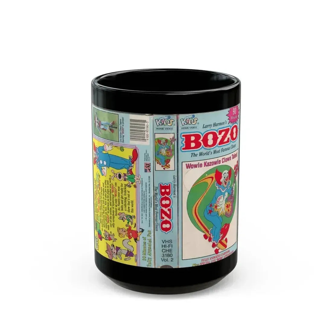 BOZO THE CLOWN ANIMATED CARTOONS WOWIE KAZOWIE CLOWN TALES (VHS COVER) - Black Coffee Mug 15oz - Go Mug Yourself