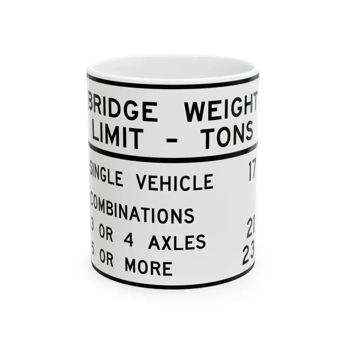 BRIDGE WEIGHT LIMIT TONS SINGLE VEHICLE 17 COMBINA Illinois MUTCD R12-I100 (Illinois) (Road Sign) White Coffee Mug 11oz - Go Mug Yourself