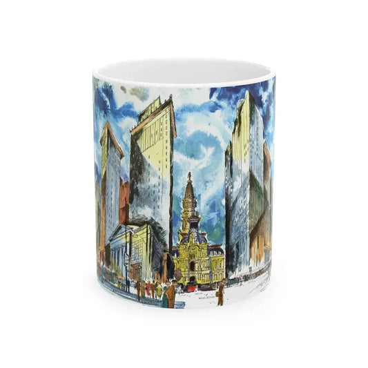 Broad and Chestnut Streets facing City Hall, Philadelphia - White Coffee Mug 11oz - Go Mug Yourself