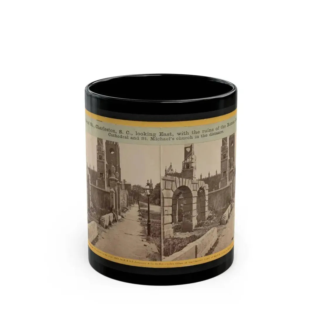 Broad St., Charleston, S.C., Looking East, With The Ruins Of The Roman Catholic Cathedral And St. Michael's Church In The Distance (U.S. Civil War) Black Coffee Mug 11oz - Go Mug Yourself