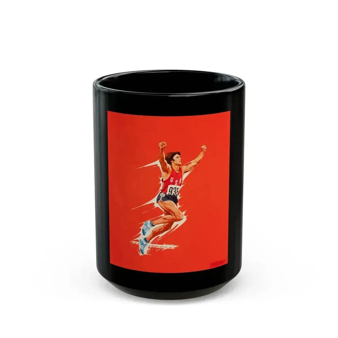 Bruce Jenner, Olympic Decathlon winner, Wheaties cereal box illustration, 1976 - Black Coffee Mug 15oz - Go Mug Yourself