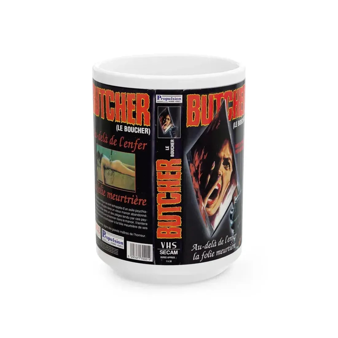 BUTCHER (VHS COVER) - White Coffee Mug 15oz - Go Mug Yourself
