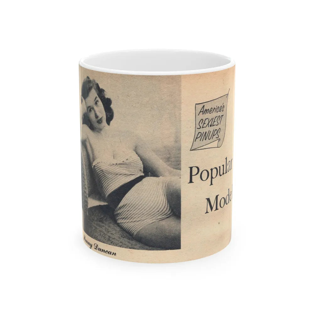 Penny Duncan #69 - 1 Page & 1 B&W Photo of Penny from EYE Digest Mag. Nov. '54 Featuring 25 of America's Sexiest Pin-Ups Section (Vintage Female Icon) White Coffee Mug-11oz-Go Mug Yourself