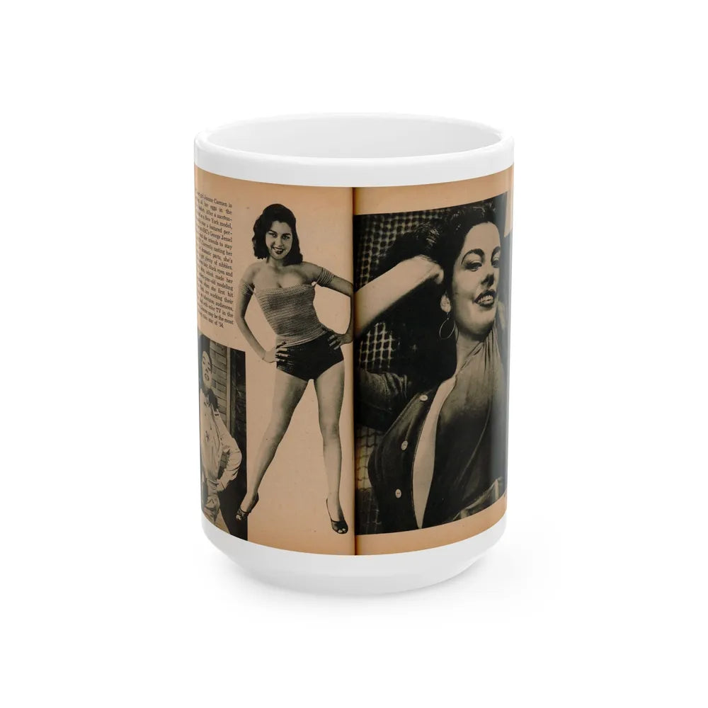 Jeanne Carmen #188 - Pages 70 & 71 Pages 3 & 4 of 7+3 B&W Photos & short article from PHOTO Digest Mag. Aug. '54 (Vintage Female Icon) White Coffee Mug-15oz-Go Mug Yourself