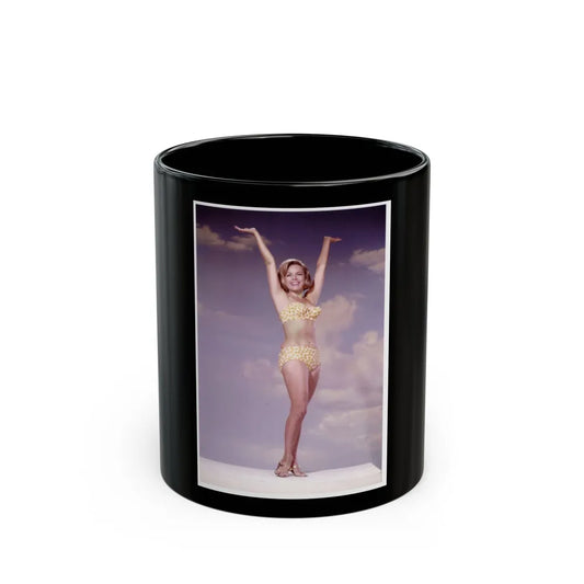 Terry Moore #742 - 1966 Color 2-Piece Swimsuit Cheesecake Photo in Open Gold Sandal Heels signed (Vintage Female Icon) Black Coffee Mug-11oz-Go Mug Yourself