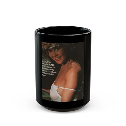 Linda Blair #340 - Circa 80's Magazine Clipping See through white wet top & one shoulder strap off (Vintage Female Icon) Black Coffee Mug-15oz-Go Mug Yourself