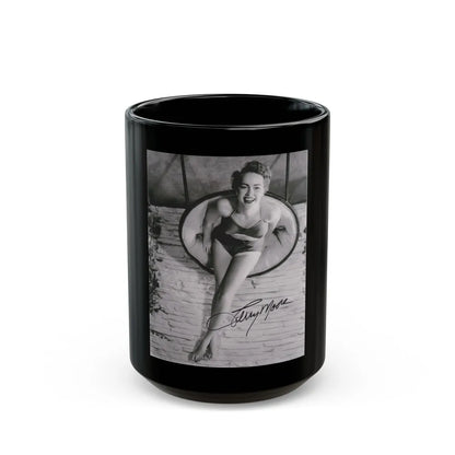 Terry Moore #732 - 8x10 1953 B&W Two Piece Full Body Swimsuit Barefoot Cheesecake Photo from 20th Century Fox Photo Shoot1 (Vintage Female Icon) Black Coffee Mug-15oz-Go Mug Yourself