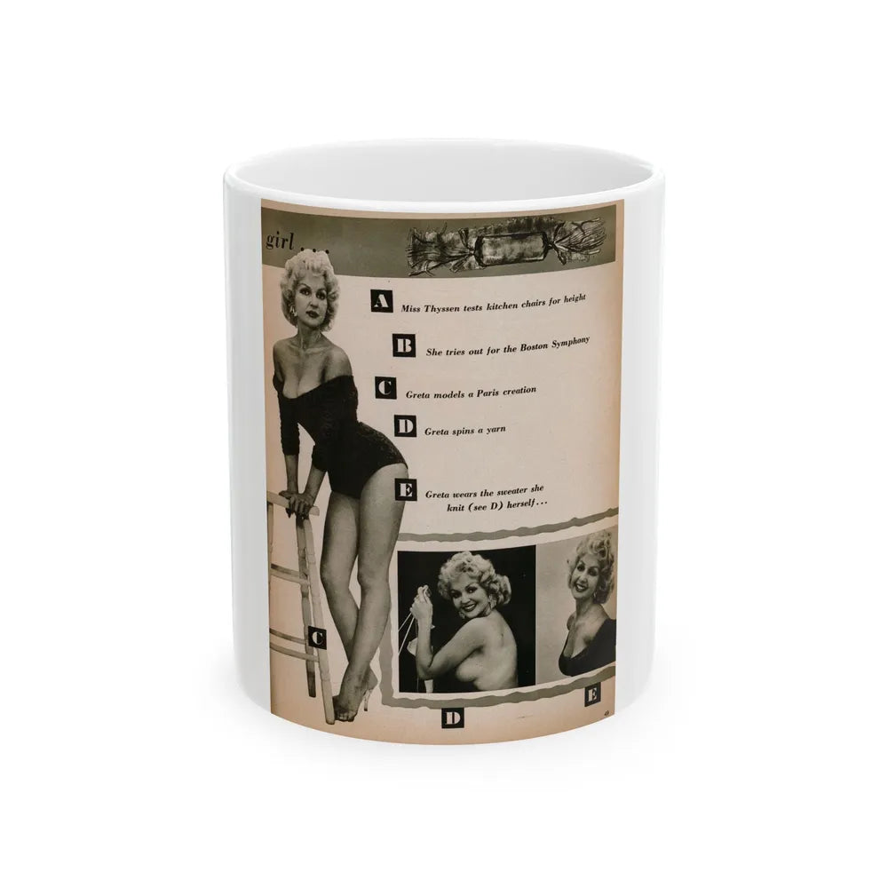 Greta Thyssen #142 - 1 Pages & 3 B&W Photos & Captions from Jem Mag. June '58 (Vintage Female Icon) White Coffee Mug-11oz-Go Mug Yourself