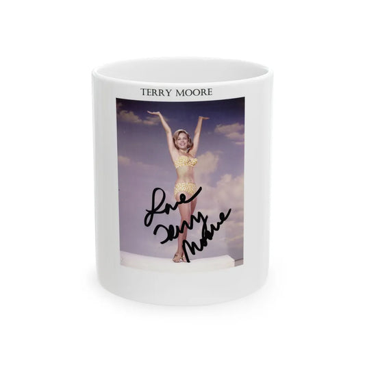 Terry Moore #742 - 1966 Color 2-Piece Swimsuit Cheesecake Photo in Open Gold Sandal Heels signed1 (Vintage Female Icon) White Coffee Mug-11oz-Go Mug Yourself