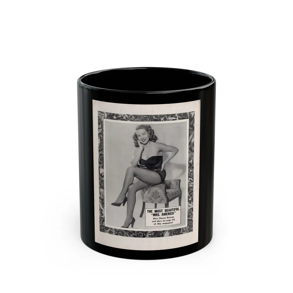 Penny Duncan #77 - Penny on Back Cover Advert for her 2 pages inside from AMERICAN BEAUTIES Mag. Nov. '52 (Vintage Female Icon) Black Coffee Mug-11oz-Go Mug Yourself