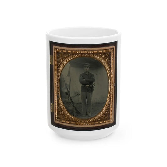 Unidentified Soldier In Infantry Sergeant Uniform With Holster And Musket In Front Of Tent (U.S. Civil War) White Coffee Mug-15oz-Go Mug Yourself