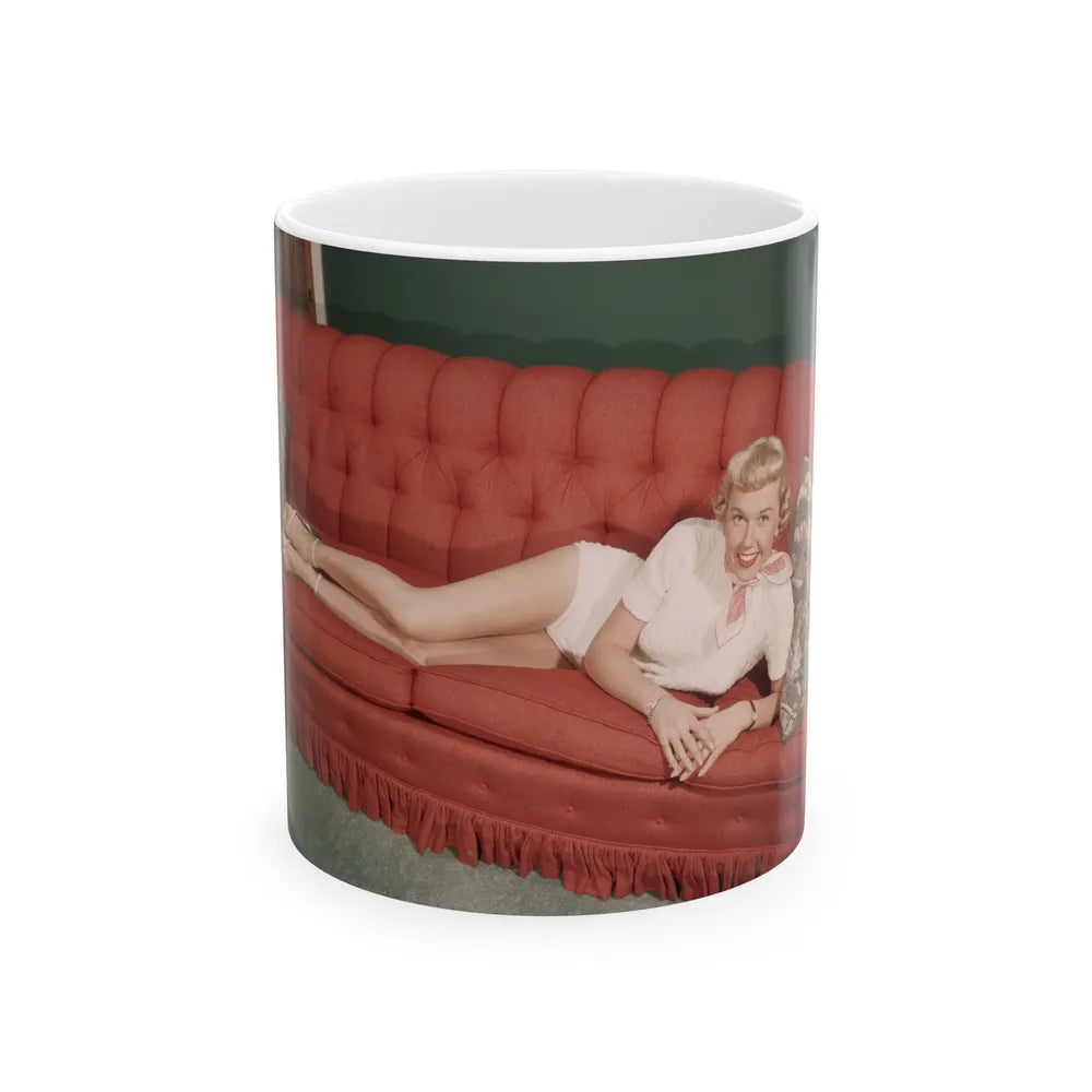 Doris Day #62 - Beautiful Feet & Red Painted Toes in White Thong Sandals (Vintage Female Icon) White Coffee Mug-11oz-Go Mug Yourself