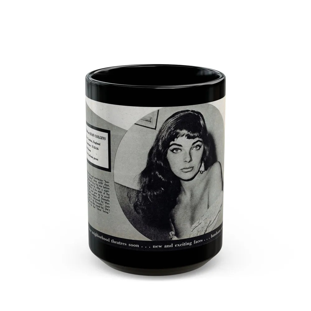 Joan Collins #688 - 1 B&W Portrait Head & Sholder Glamour Shot from Movie Star Magazine Circa 1950's (Vintage Female Icon) Black Coffee Mug-15oz-Go Mug Yourself