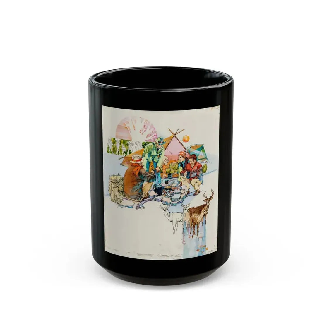 Camping Adventure Illustration - Black Coffee Mug 15oz - Go Mug Yourself