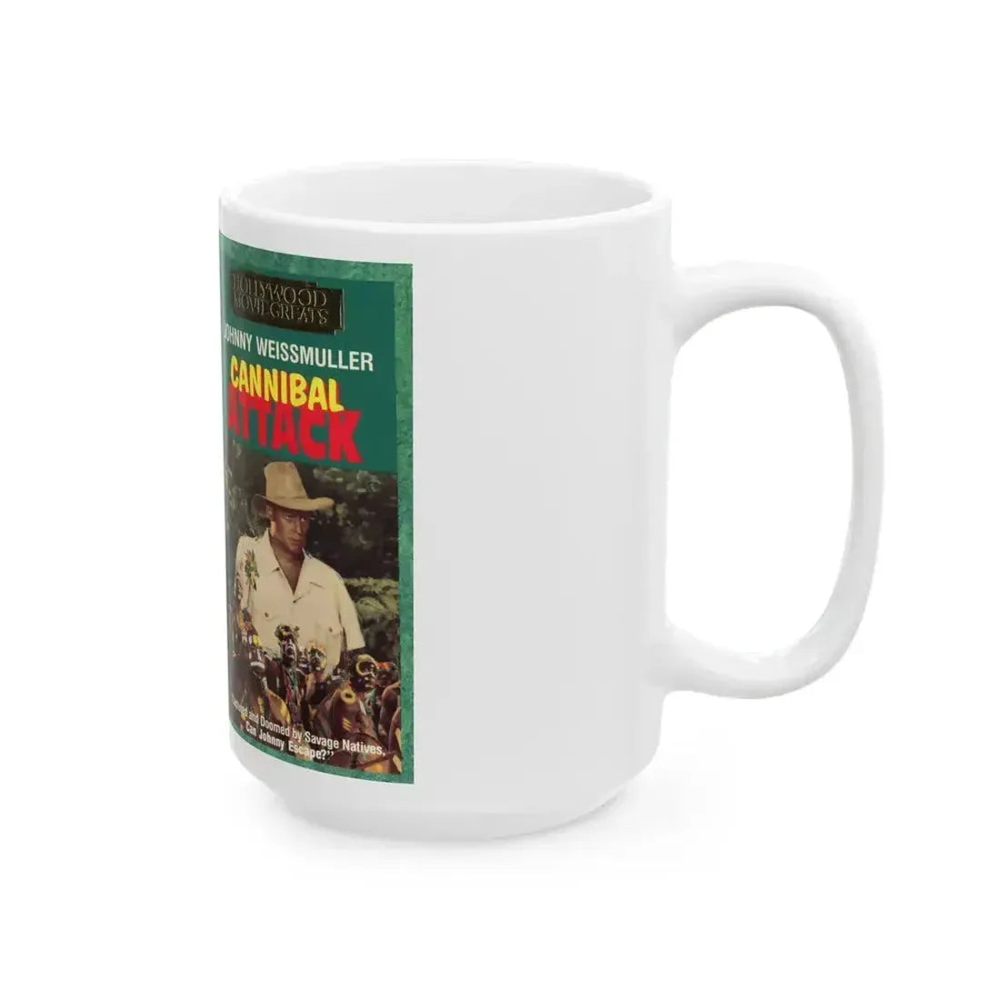 CANNIBAL ATTACK JOHNNY WEISSMULLER (VHS COVER) - White Coffee Mug - Go Mug Yourself