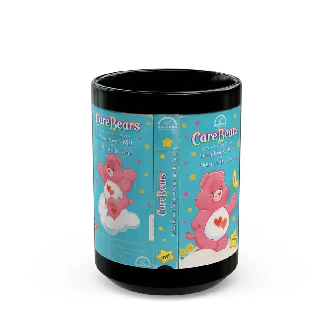 CARE BEARS LOTSA HEARTS WISH (VHS COVER) - Black Coffee Mug 15oz - Go Mug Yourself