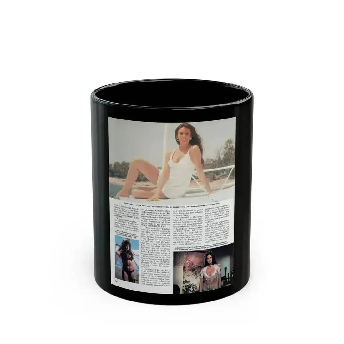 Caroline Munro #251 - Femme Fatales Fall 1992 (Vintage Female Icon) Black Coffee Mug 11oz - Go Mug Yourself