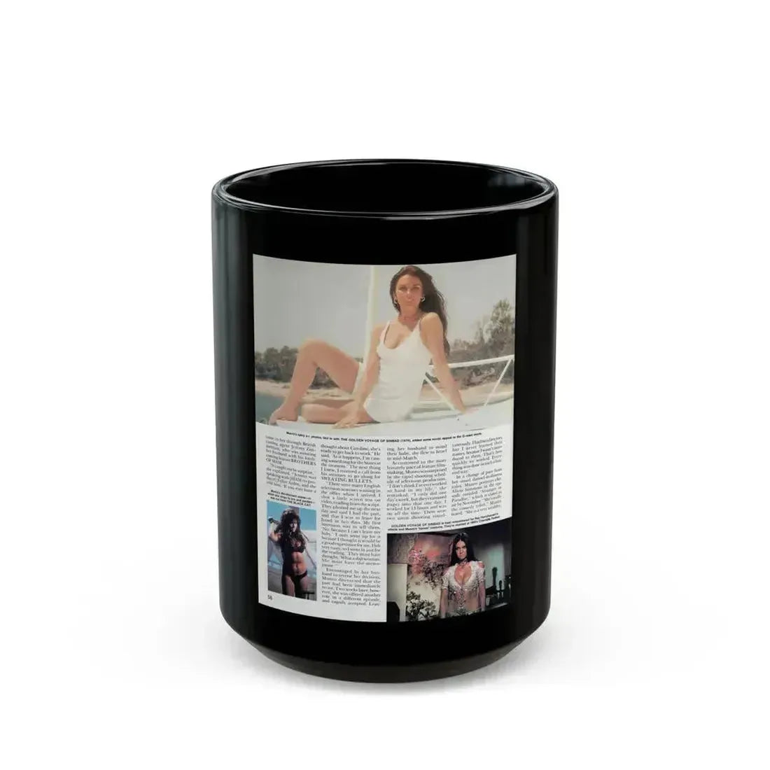 Caroline Munro #251 - Femme Fatales Fall 1992 (Vintage Female Icon) Black Coffee Mug 15oz - Go Mug Yourself