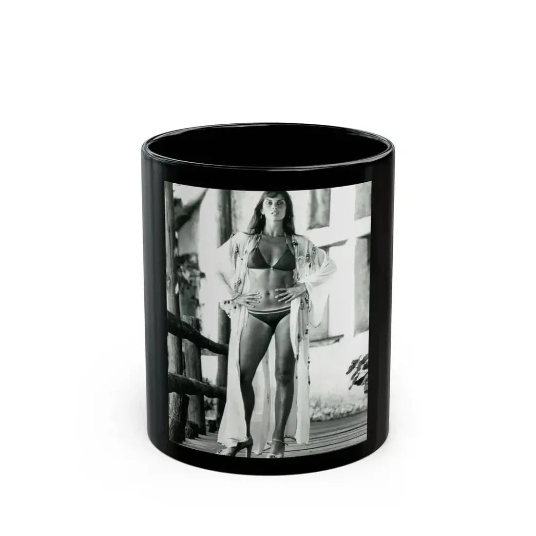 Caroline Munro #408 - 8x10 B&W Full Body in 2-Piece Bikini Photo Re-Strike from 1977 (Vintage Female Icon) Black Coffee Mug 11oz - Go Mug Yourself
