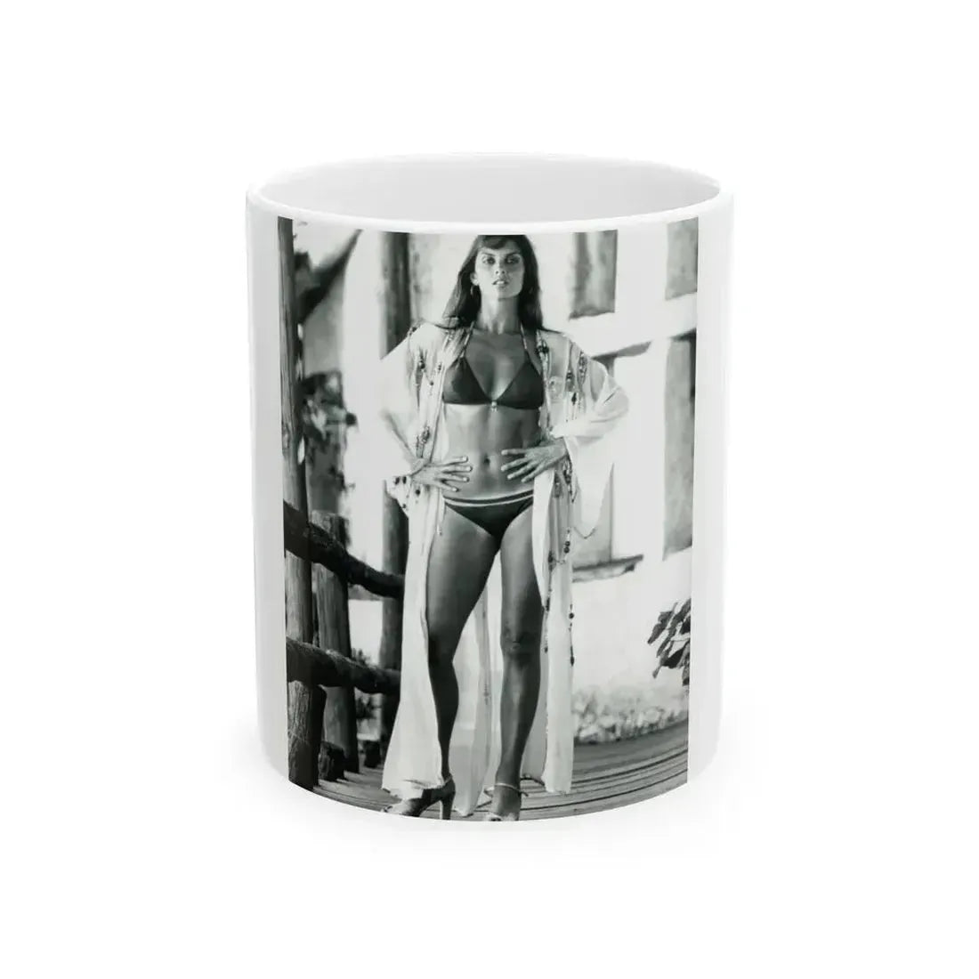 Caroline Munro #408 - 8x10 B&W Full Body in 2-Piece Bikini Photo Re-Strike from 1977 (Vintage Female Icon) White Coffee Mug 11oz - Go Mug Yourself