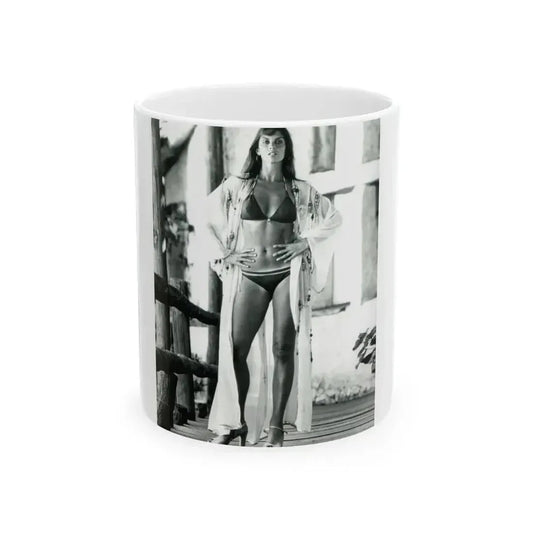 Caroline Munro #408 - 8x10 B&W Full Body in 2-Piece Bikini Photo Re-Strike from 1977 (Vintage Female Icon) White Coffee Mug 11oz - Go Mug Yourself