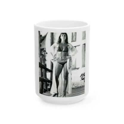 Caroline Munro #408 - 8x10 B&W Full Body in 2-Piece Bikini Photo Re-Strike from 1977 (Vintage Female Icon) White Coffee Mug 15oz - Go Mug Yourself