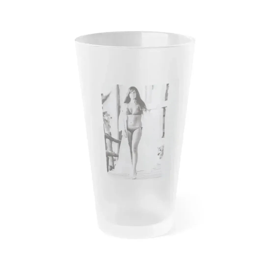 Caroline Munro #409 - 8x10 B&W Full Body in 2-Piece Bikini Photo Original from 1977 (Vintage Female Icon) Frosted Pint Glass 16oz 16oz Frosted - Go Mug Yourself