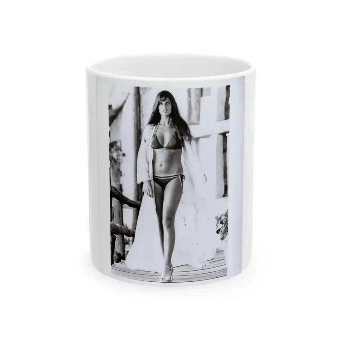 Caroline Munro #409 - 8x10 B&W Full Body in 2-Piece Bikini Photo Original from 1977 (Vintage Female Icon) White Coffee Mug 11oz - Go Mug Yourself